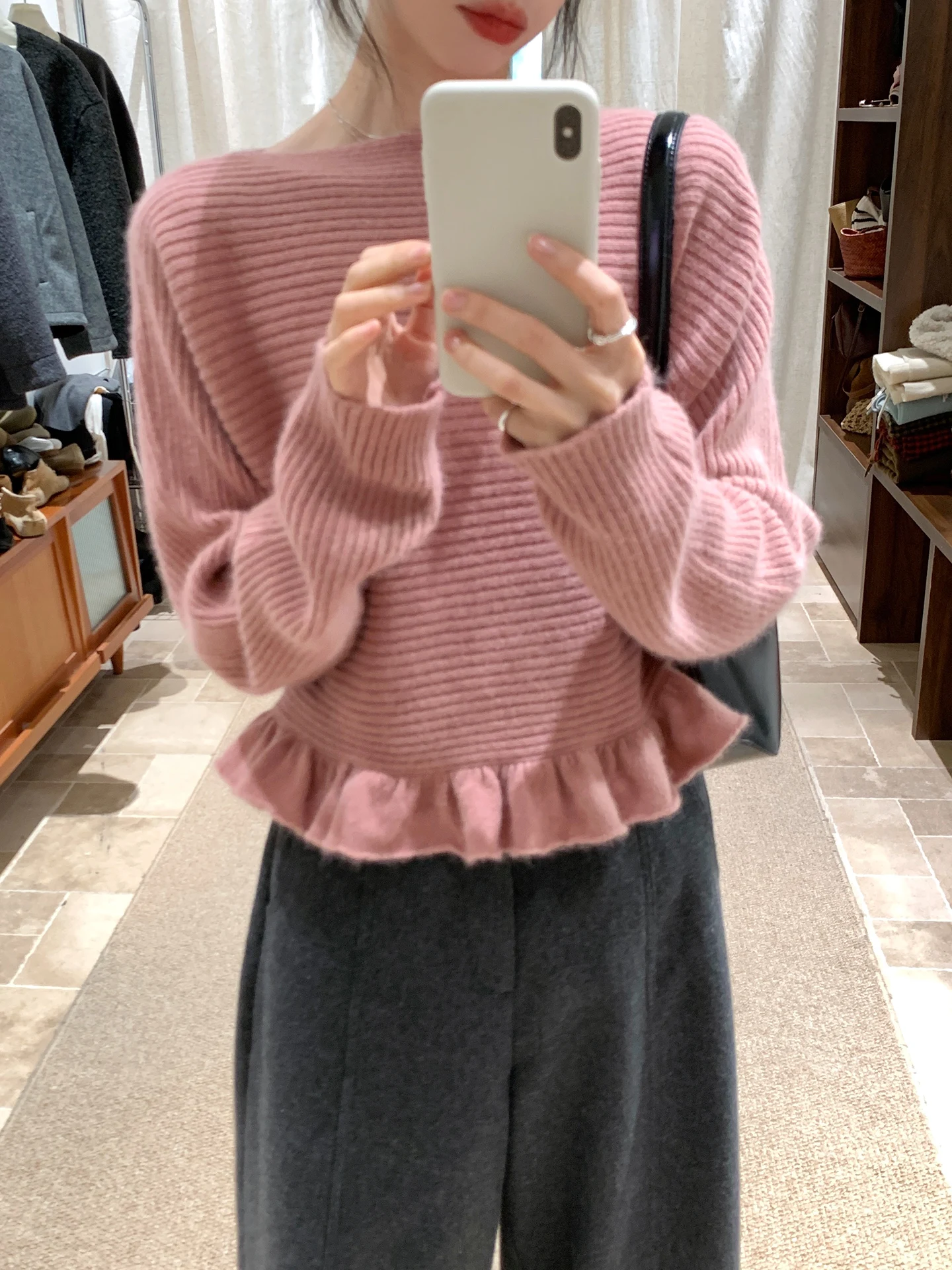

BRIVIN Korean Sle Pink Knitted Sweater Women's oulder Bowed Ba Belted Slimming Top round Ne Long Sve Loose Fit