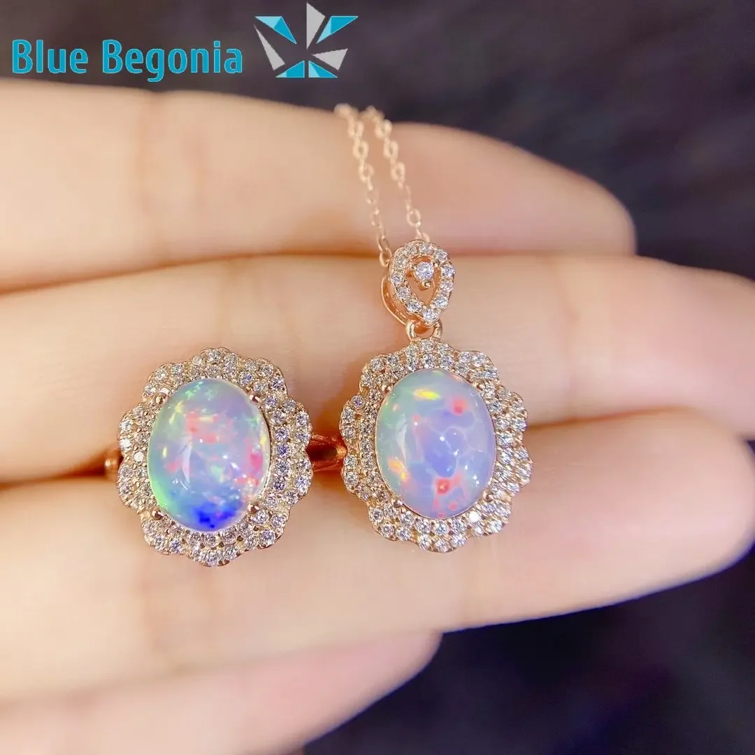 Natural Opal Jewelry Set Ring Earring Pendant Necklace Exquisite Wedding Party Jewelry Set for Women 8*10mm Gemstone