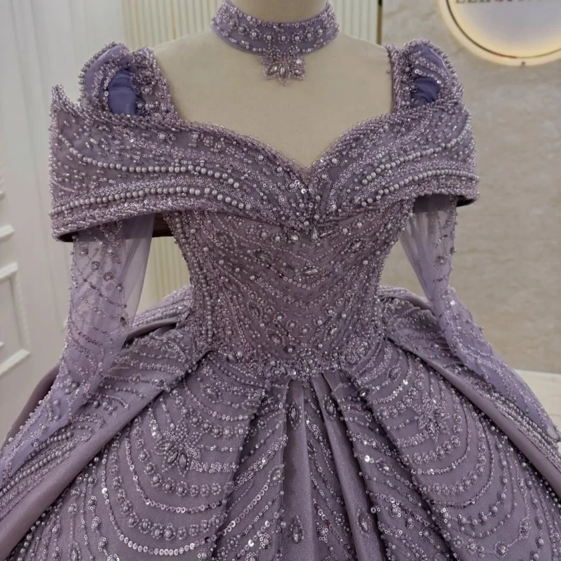 Satin Lavender Quinceanera Dress off-shoulder Crystal Glitter Decal Long tail Bow vestidos de 15 Quinceanera ﻿Customize