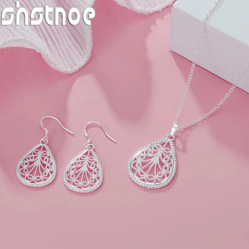 Fine 925 sterling Silver elegant water drop pattern Pendant Necklace earring For Women luxury fashion party wedding Jewelry sets