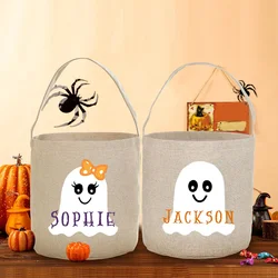 Personalised Trick or Treat Bag Custom Name Halloween Party Candy Bucket Bag Ghost Bat Tote Bags Portable Cookie Basket Kid Gift