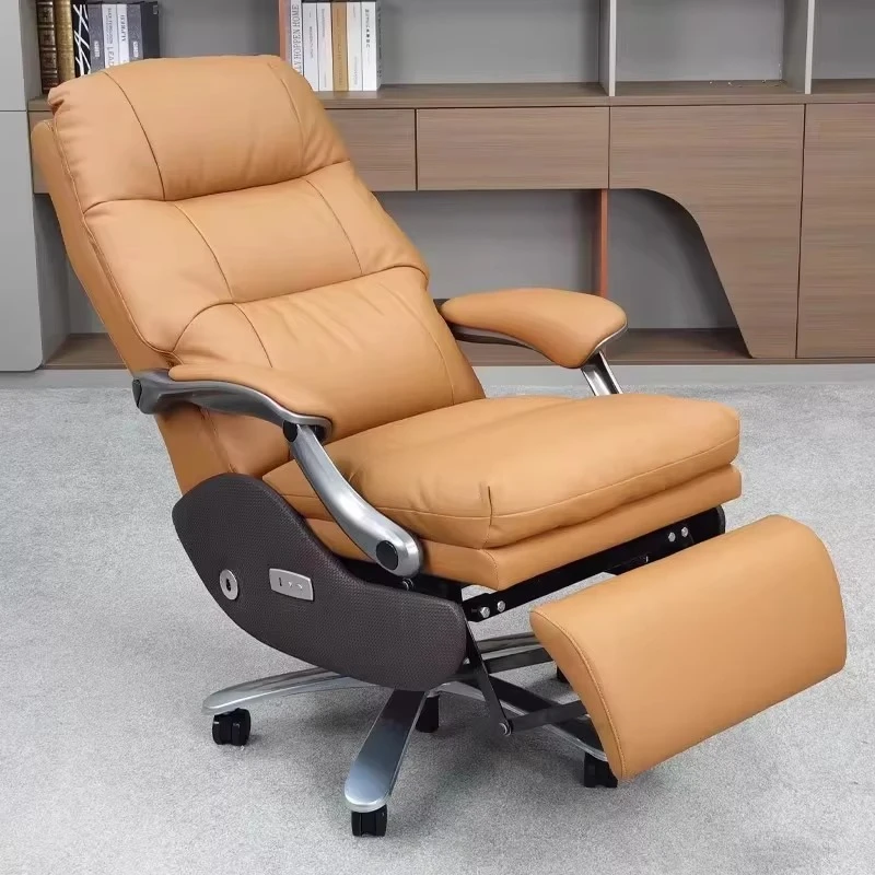 Ergonomic luxury executive office chair electric recliner adjustable leather solid wood base comfortable office chair