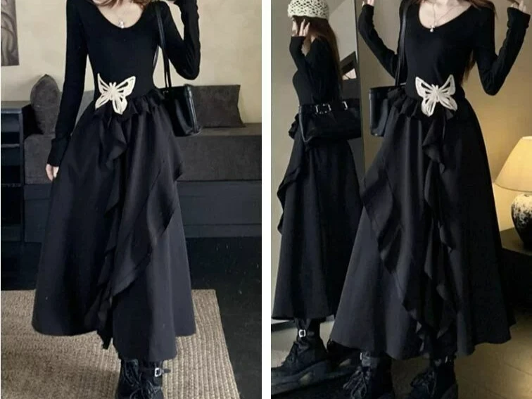 

2025 Spring and Autumn New Black Long Sleeve Dress for Children with Irregular Waist Folding Skirt