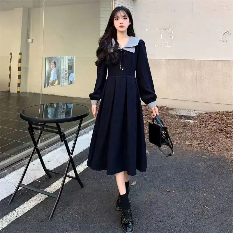 2026 Winter New Vintage Double Layer Collar College Style Long Dress plus Size Waist Cinching Belted Dress Citywalk Suitable