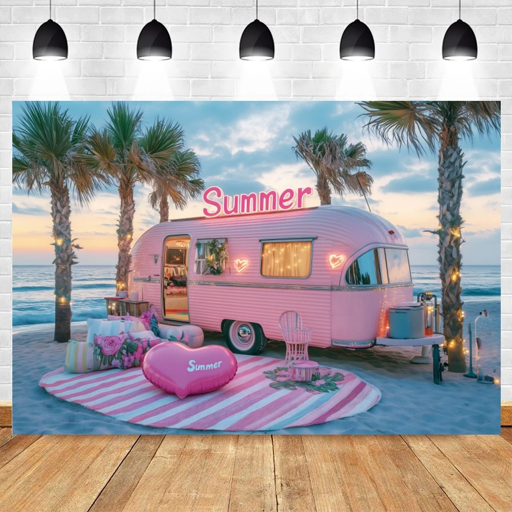 夏の写真の背景,海辺,ビーチ,日没,ピンク,バン,ヤシの木,休暇,写真スタジオ,撮影アクセサリー