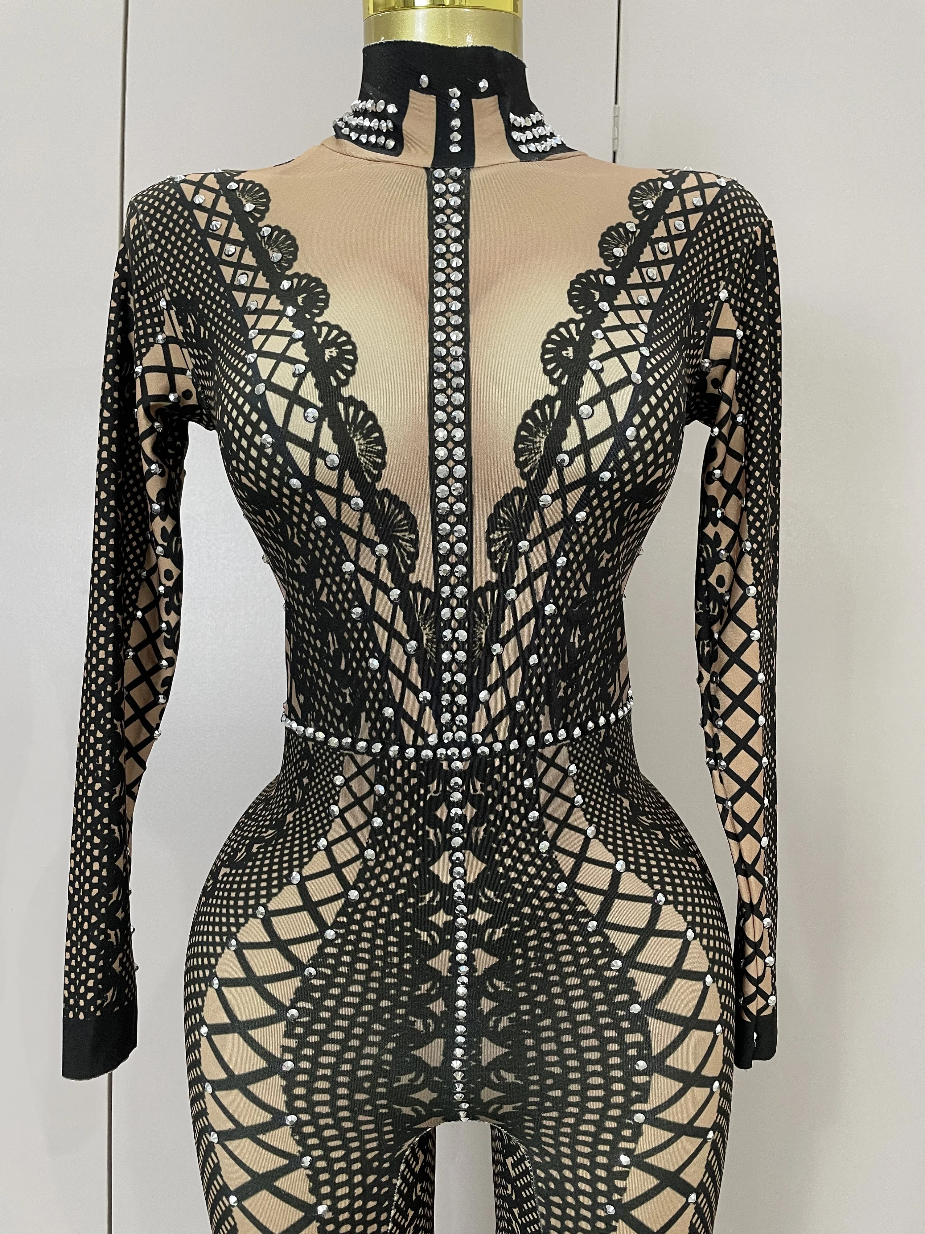 

Женский блестящий комбинезон со стразами и черным принтом с длинными рукавами, вечерний комбинезон для ночного клуба, комбинезон Drag Queen, сценический костюм