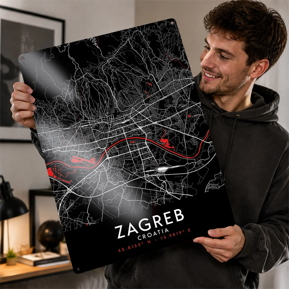 Zagreb Dark Map Aluminum Poster Personalized Metal Sign City Network Layout Wall Art Home Accent For Living Room And Workspace