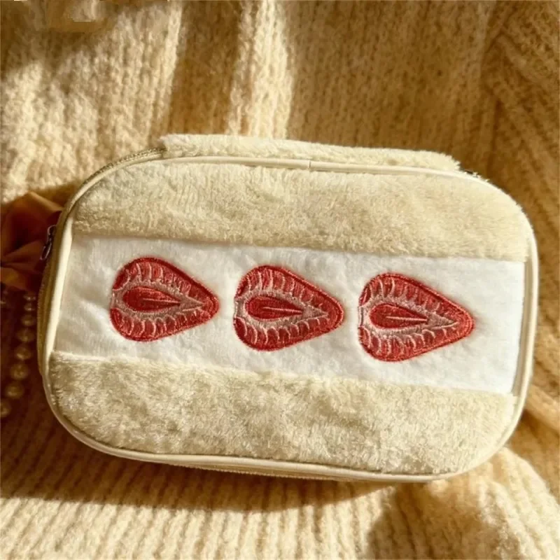 Plush Strawberry Embroidery Cosmetic Bag Cute Sandwich Makeup Pouch Travel Jewelry Organizer Zipper Bag for Girls
