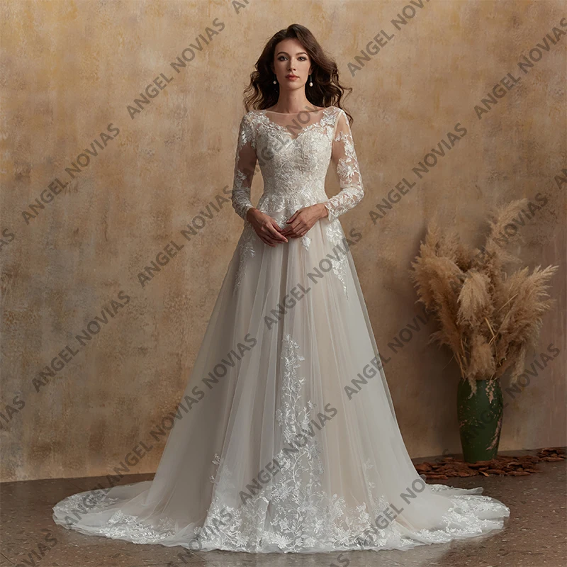 Angel Novias Tule Lange Mouw Trouwjurken 2026 Kant Bruidsjurk Aangepaste A-lijn Vrouwen Luxe Feestjurk Vrouw