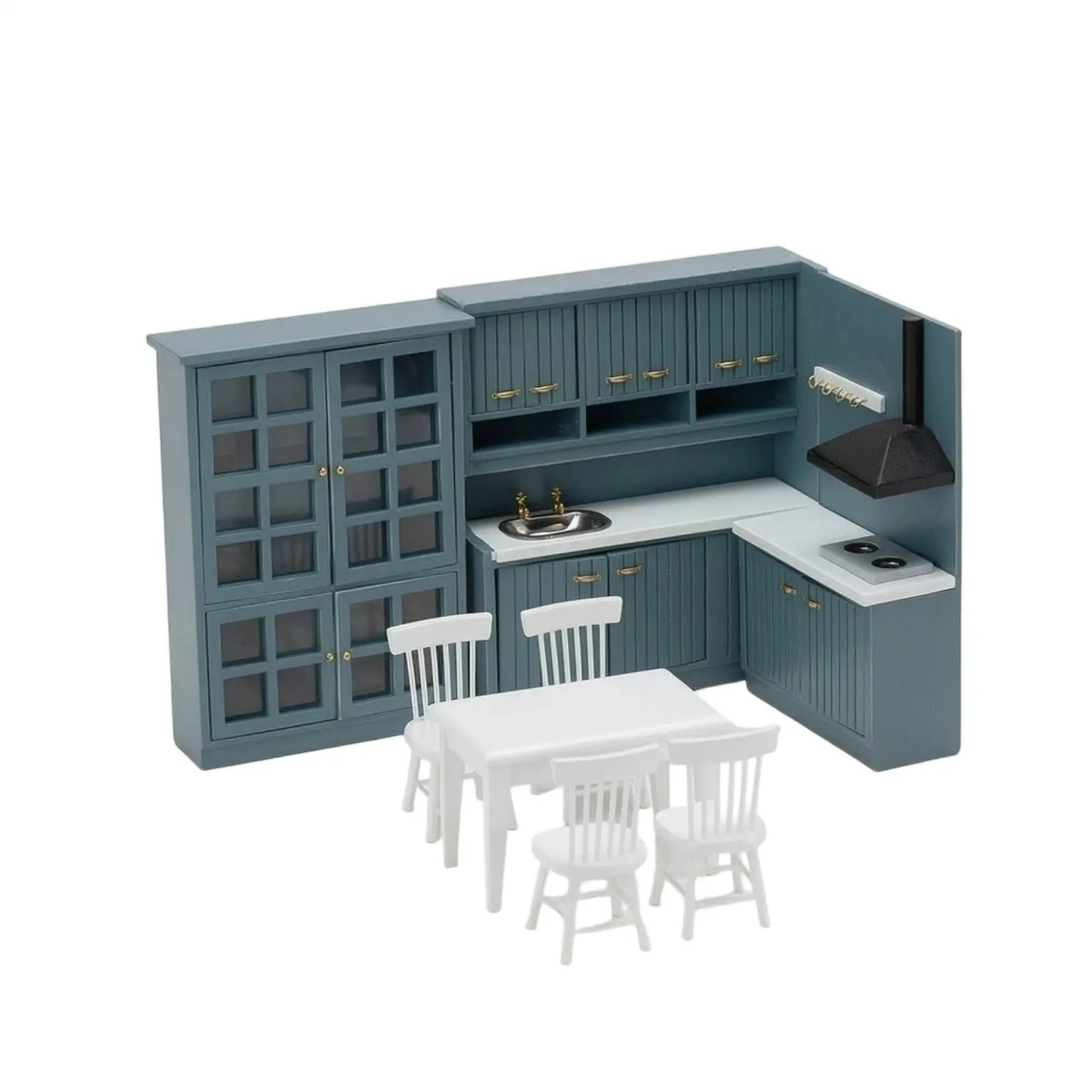 Dollhouse Kitchen Playset Miniature Furniture 1 12 Scale with Tall Storage Cabinet L Shaped Counter Sink Cooktop Dining Table