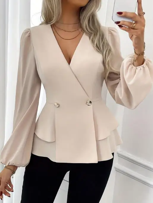 2025 خريف/شتاء جديد المرأة موضة عادية الخامس الرقبة كشكش بلون كم طويل فانوس كم قميص ملابس نسائية #4