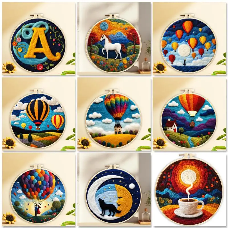 

GATYZTORY Needle Felting Kit Starter, Felting Kit For Beginners Hot Air Balloon Tree Scenery Diy Needle Felting Painting Art