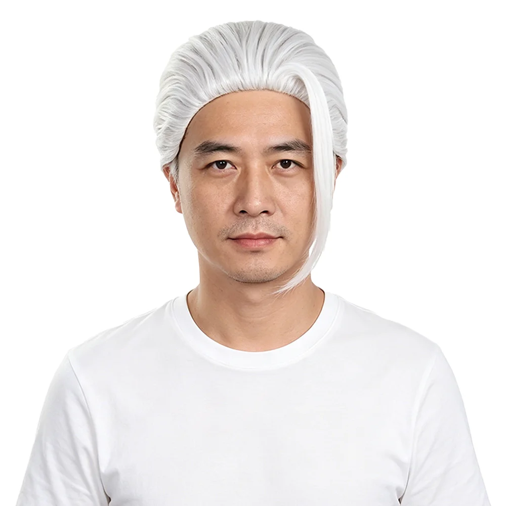 Taro Sakamoto Silver White Bun Wig Slicked Back Heat Resistant Synthetic Hair Easy to Style Unisex For Cosplay Party Daily Wear