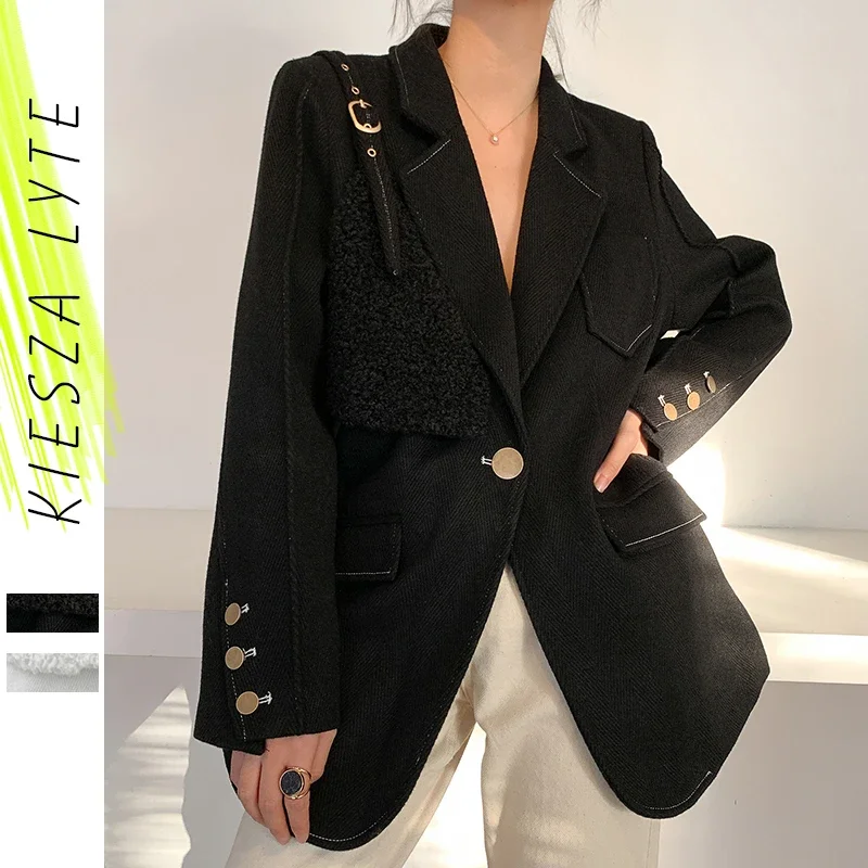 Wool Coat Women Winter 2024 Fashion Pactchwork Black Woolen Female Suit Coats Ladies Blazer Jackets