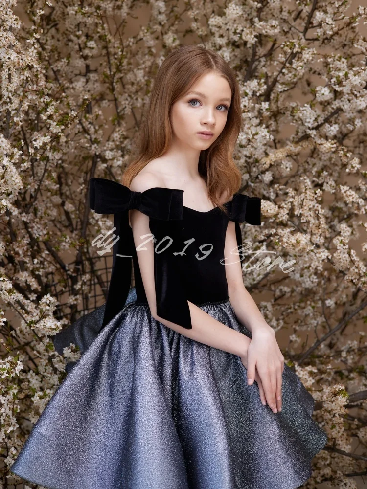 Luxury Velvet Flower Girl Dress Off The Shoulder Oversized Shoulder Bows Available in Long & Short Length for Pageant & Birthday
