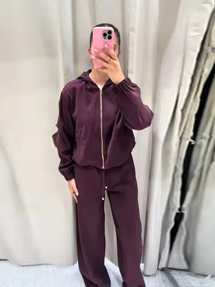 Tidalyf 2025 المرأة Bomber سترة هوديي قطعتين مجموعة طويلة الأكمام مطاطا هيم الكفة الرباط السراويل عارضة الخريف والشتاء الزي