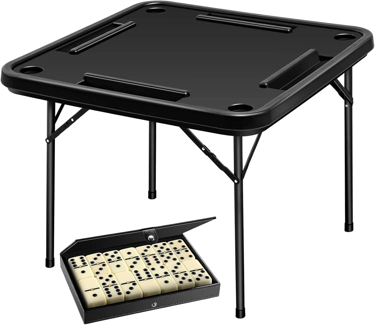 2 Pcs Folding Domino Game Table Set 38 Inch Plastic Table And Standard Domino With Leather Box Card Play Square Table With 28