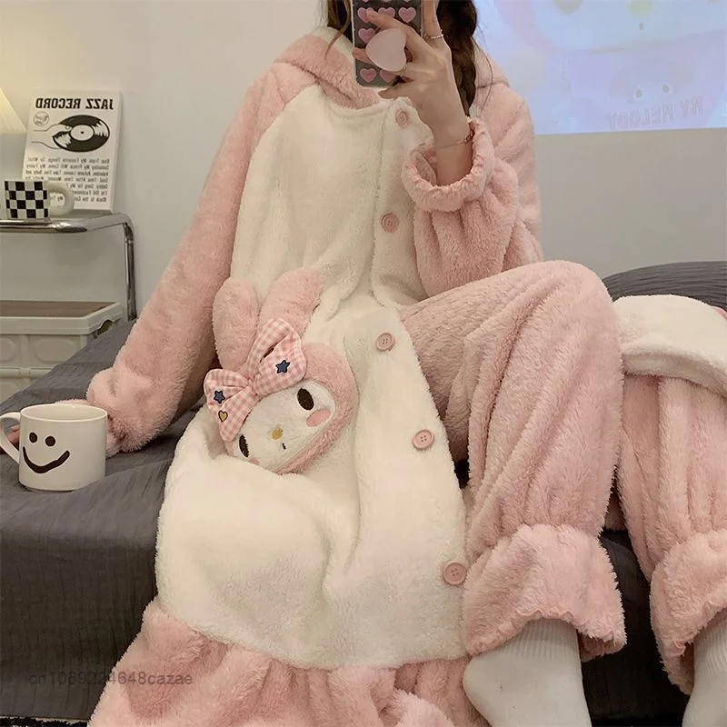 Sanrio My Melody Plush Warm Pajamas Kawaii Cartoon Winter Flannel Thickened Home Wear Set Coral Velvet Cute Home Suit For Women