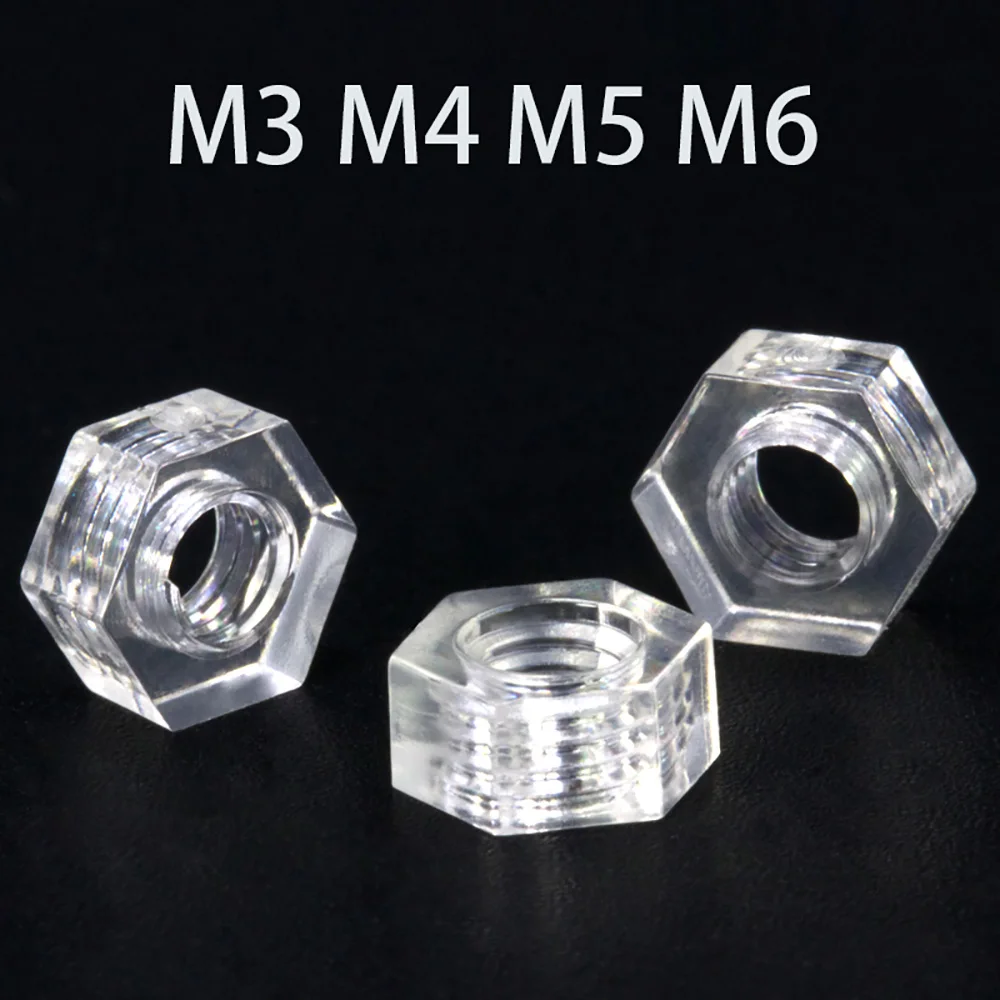 Acrylic Clear Transparent Plastic Nylon Hex Hexagon Nuts M3 M4 M5 M6 Clear Lighting lamp Plactic Polycarbonate Hex Nut