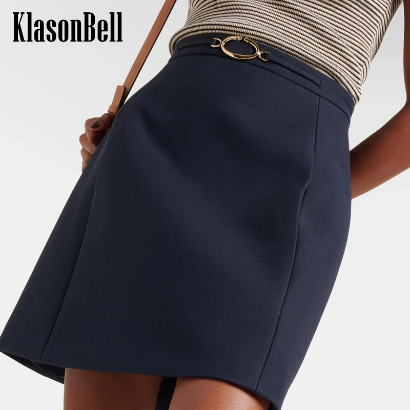 8.16 KlasonBell Women Metal Letter Seahes Design High Waist Deep Blue Skirt Simple All-matches Two Side Pocket Mini Skirt