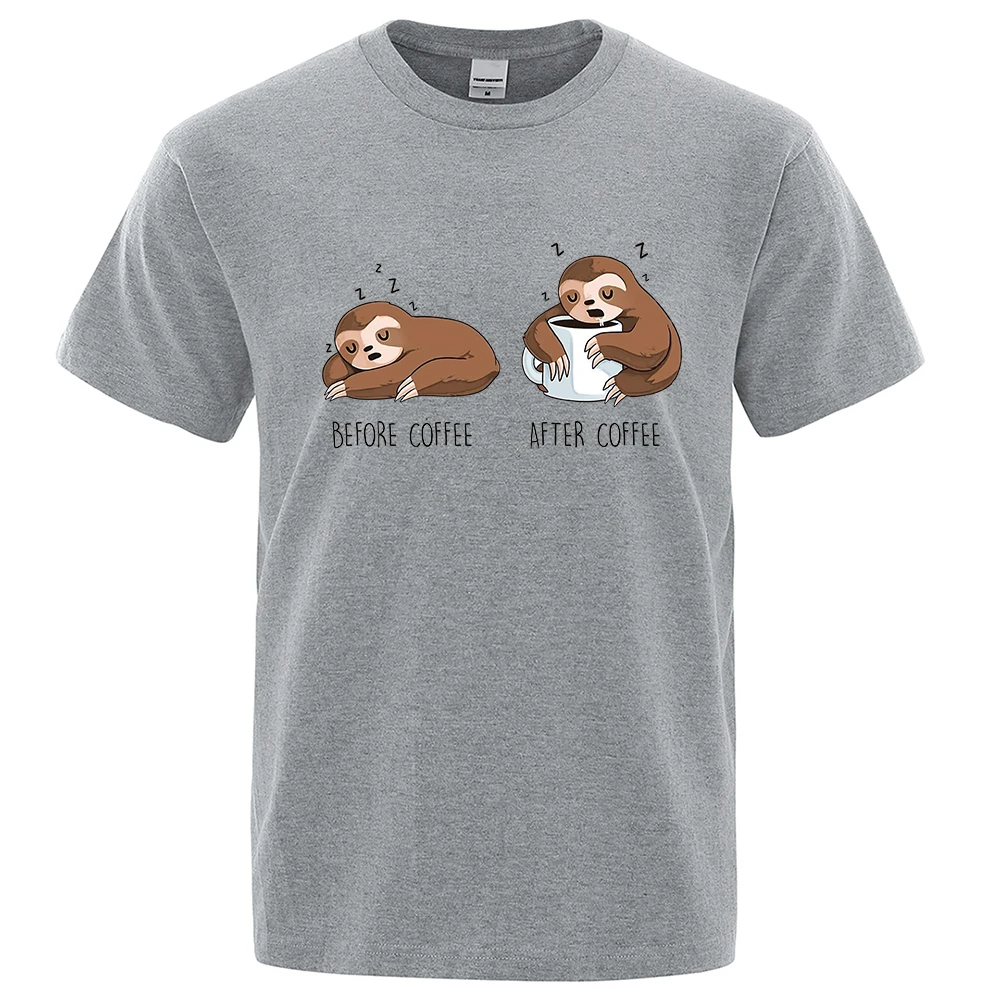 Cute Lazy Sloth Coffee Cartoons Printed T Shirt for Men Women Cotton Top Tee Shirts Casual Short Sleeve T-shirts Funny Clothes