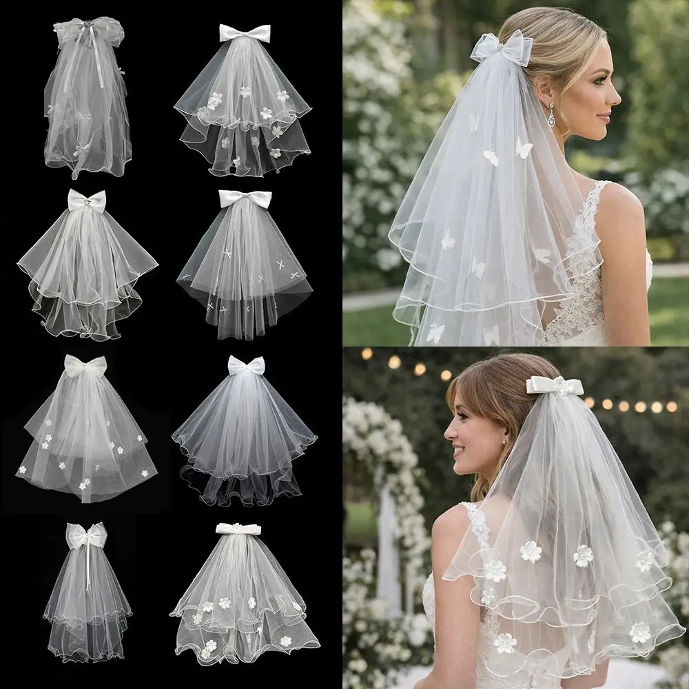 Fashion Double Layer Bridal Veil Lace Edge Bow Women's Tulle White Puffy Wedding Veil for Wedding Party
