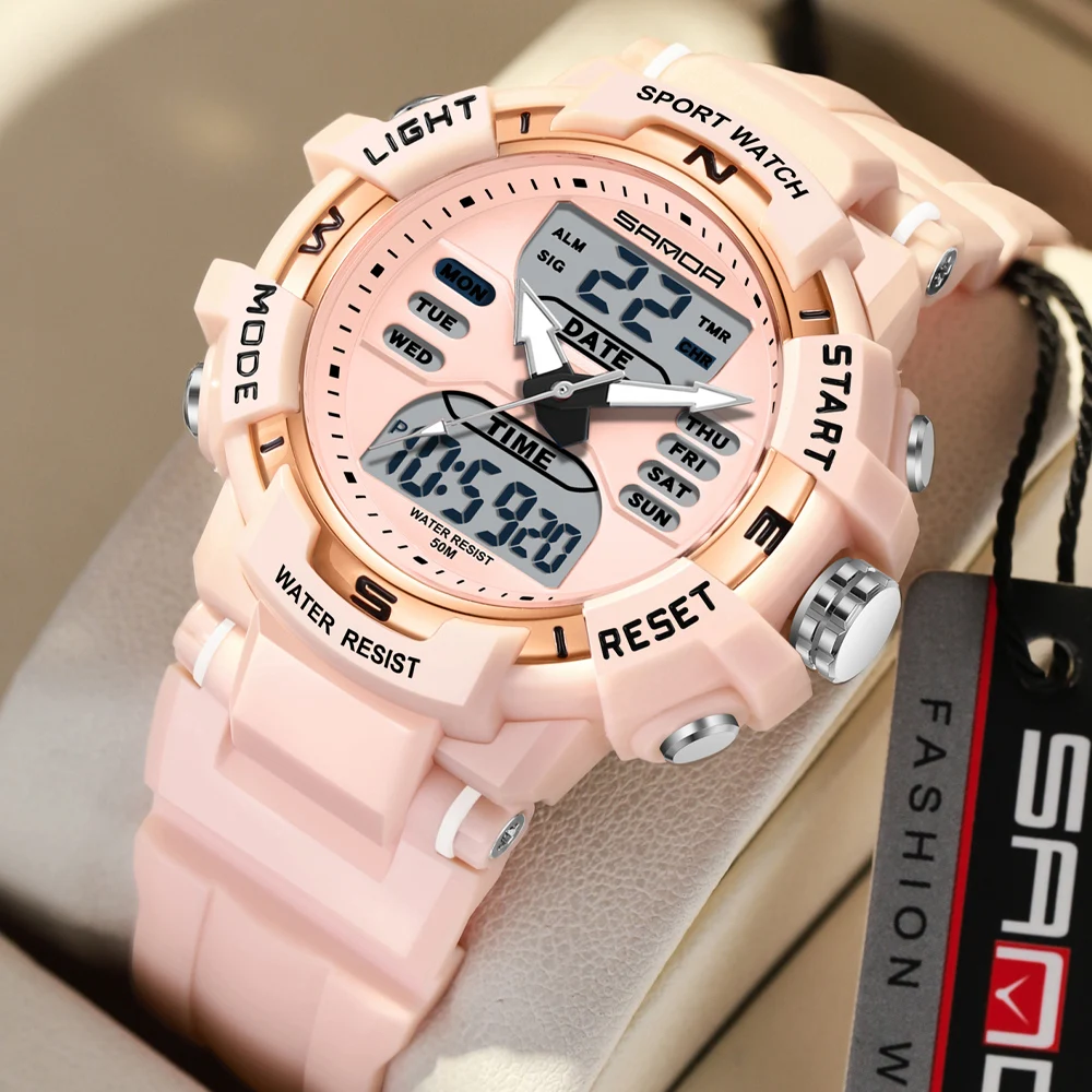 SANDA Sports Women Watch Alarm Clock Stopwatch Dual Display Wristwatches Ladies Digital Quartz Waterproof Luminous Date Watches