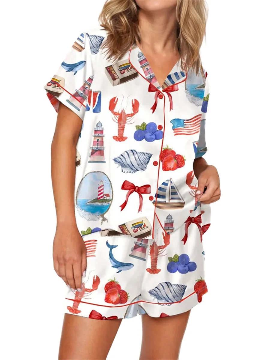 Women Y2k Pajama Set Short Sleeve Button Down Lobster Print Shirts and Shorts 2 Piece Lounge Pjs Sets Outfits