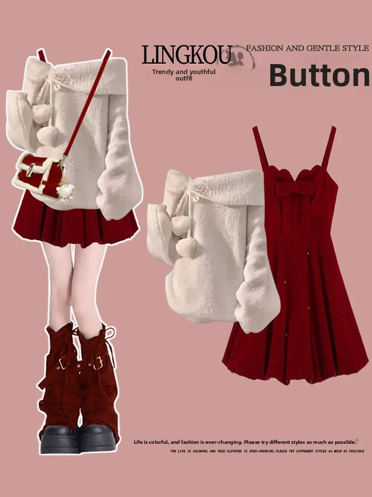 

Большие размеры, осенне-зимний вязаный свитер, комплект Dr, красный комплект с бретелями на одно плечо, повседневная модная женская одежда, комплект из двух предметов