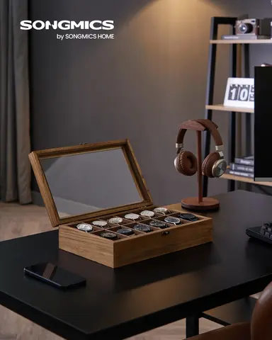 SONGMICS Klocklåda, Klockfodral med 12 fack, Klocklåda i massivt trä med glaslock, Klockdisplay med avtagbara kuddar 8 best sales 12-fack klocklåda - №6