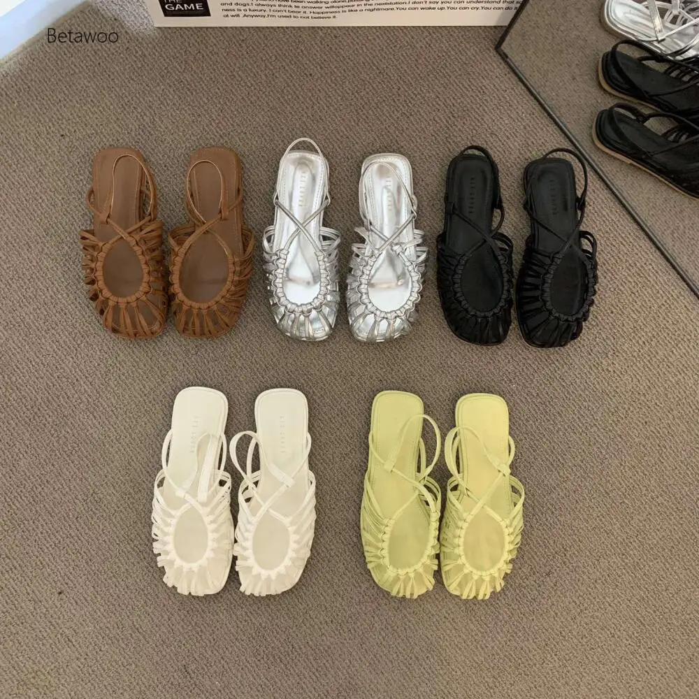 Boho-Style Hollow-Weave Adjustable Ankle-Tie Vacation-Ready Slides