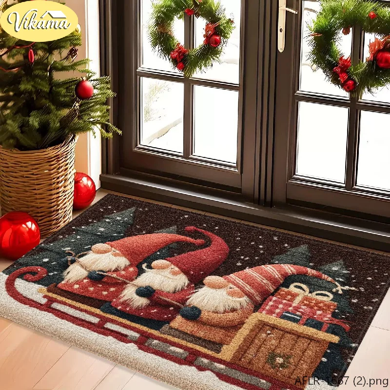 VIKAMA Gnome Sleigh Gift Christmas Christmas Welcome Rug Entryway Mat Non Slip Front Door Outdoor Decorations Holiday Home