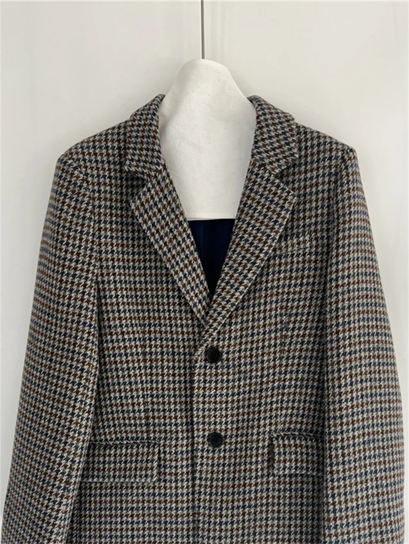 Houndstooth Women Single Button Blazer Long Sleeve Fashion Vintage Wool Blends Autumn 2026 New Lady Temperament Jacket