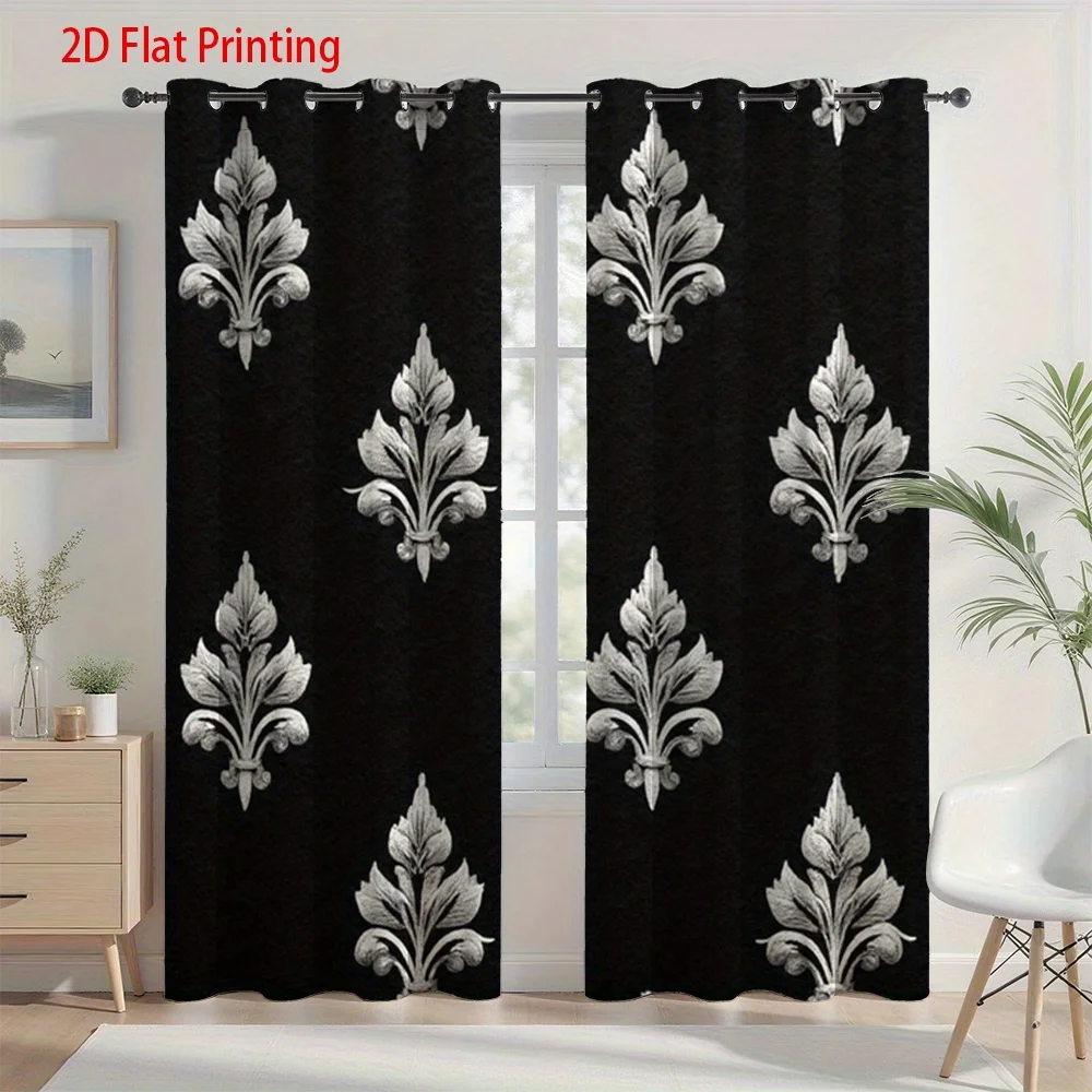2D Flat, 2pcs, 2D Flat Printing Curtains Black Background Silvery Fleur De Lis Pattern, Punched Lace Fabric Material for Home