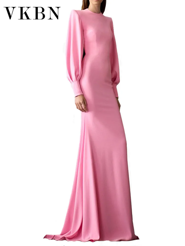 VKBN Party Dresses for Female Casual Full Lantern Sleeve O Collar Pink Banquet Wedding Evening Dresses Women High Quality