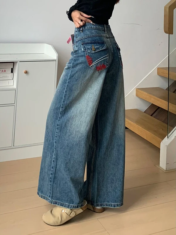 레트로 아메리칸 자수 나이프 와이드 레그 진 루즈핏 여성용 가을 겨울 스트레이트 컷 플로어 길이 낫바지