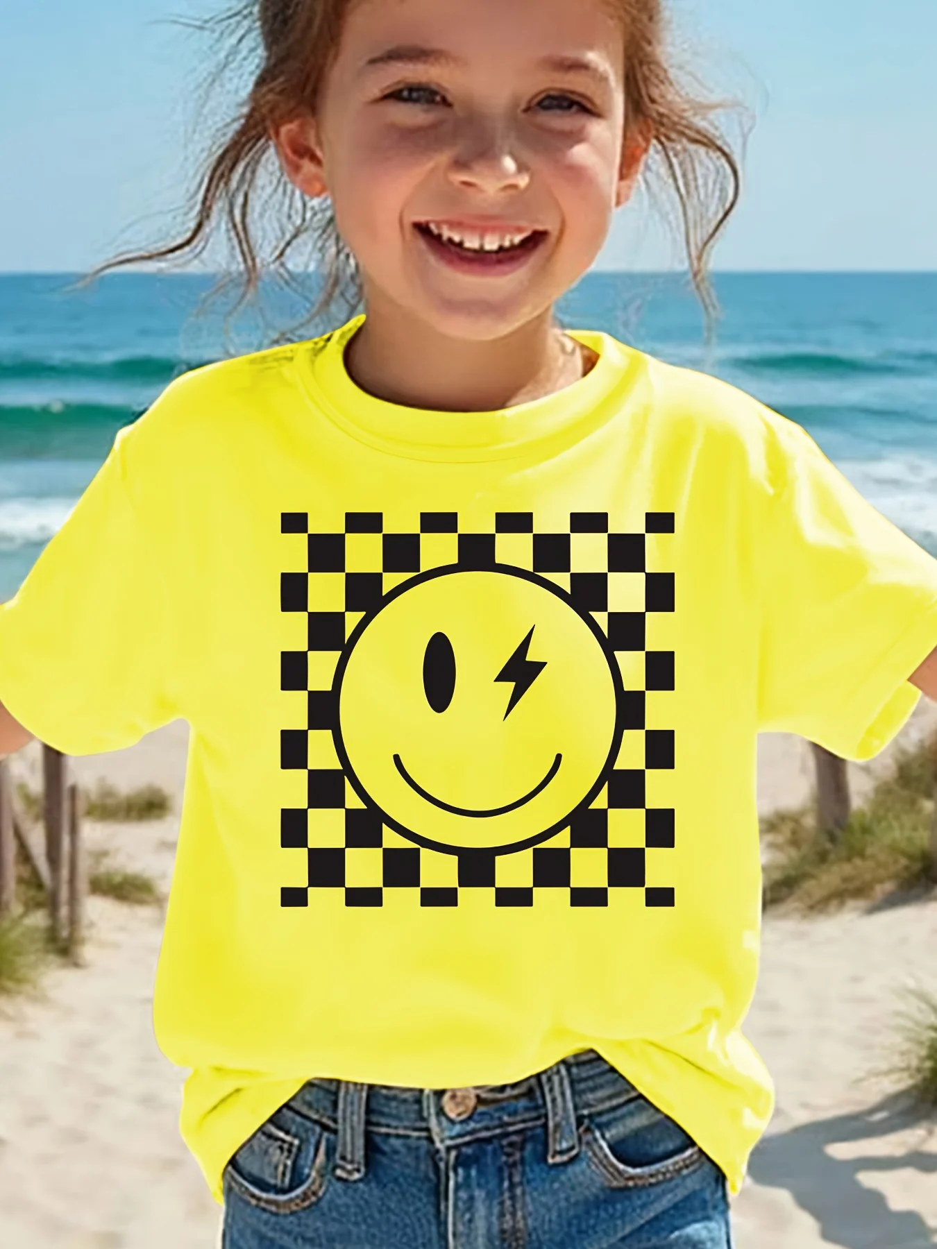 Girls Tee Checkerboard Lightning Eye Smiley Face Print Short Sleeve Soft Cotton Kids Cool Casual Daily Outfit Wear T Shirt