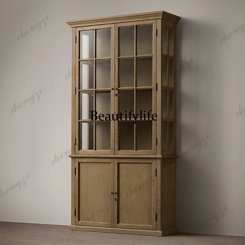 A68American solid wood double-door bookcase dining side model room storage living room glass door display cabinet
