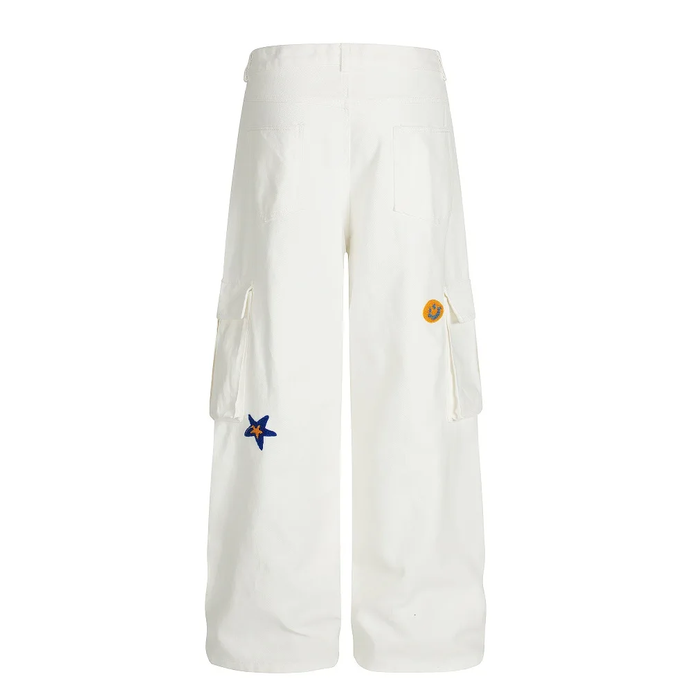 Pentagram Design Sense Embroidery Loose Wide-leg Tooling Trousers Men's High Street Tide Casual Straight Pants White
