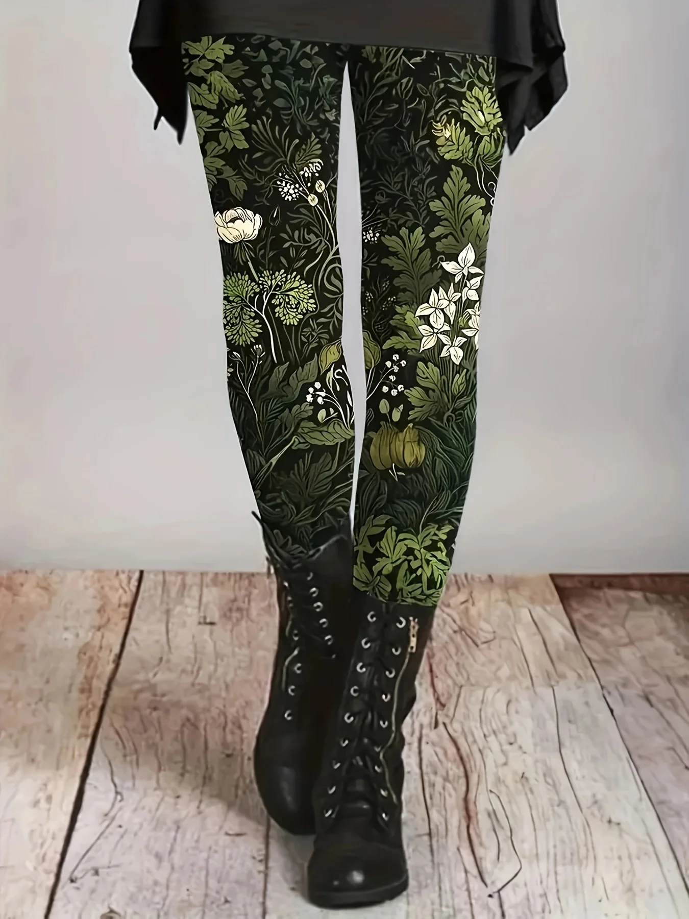 517 Women's High-Waisted Tight Leggings with Botanical Floral Print - High-Stretch All-Season Machine Washable