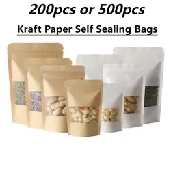 Bulk Packaging Kraft Paper Visible Window Upright Mylar Bags Gift Candy Coffee Bean Packaging Bags Zipper Bone Self-Sealing Bags