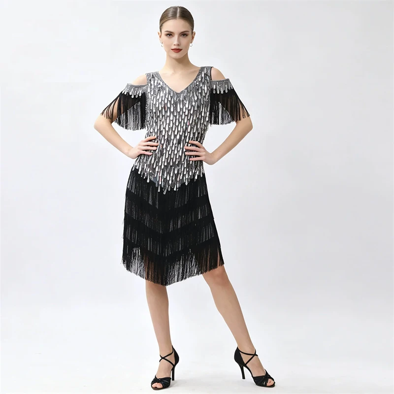 Damen-Latein-Tanzkleid mit Pailletten und Fransen, Quastenkleid für Samba, Tango, Cha-Cha, Wettbewerb, Bühnenauftritt, Party, Kostüm, Ballsaal-Kleidung – Detail 1