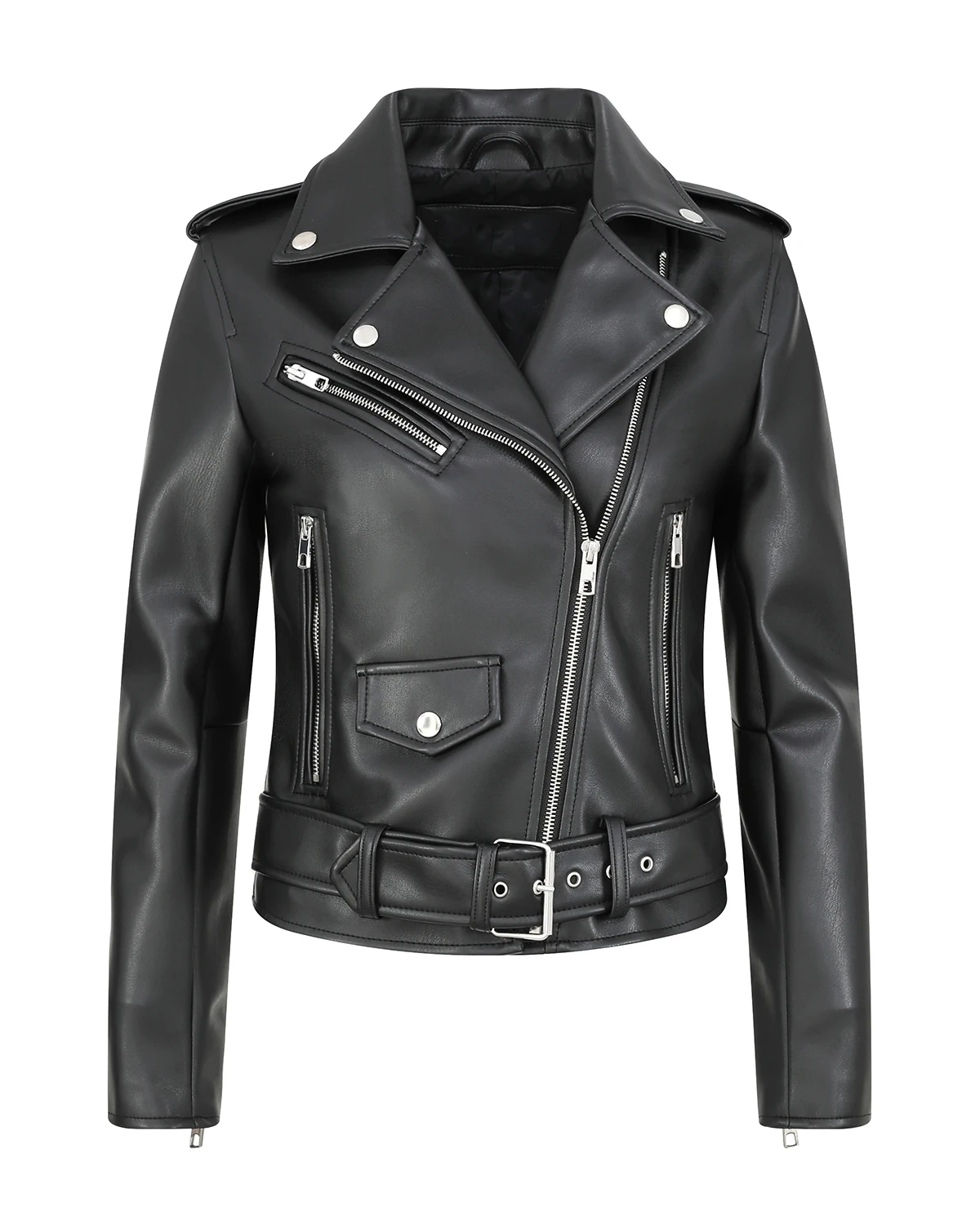 Women\'s Faux Leather Motorcycle Jacket PU Slim Short Biker Coat