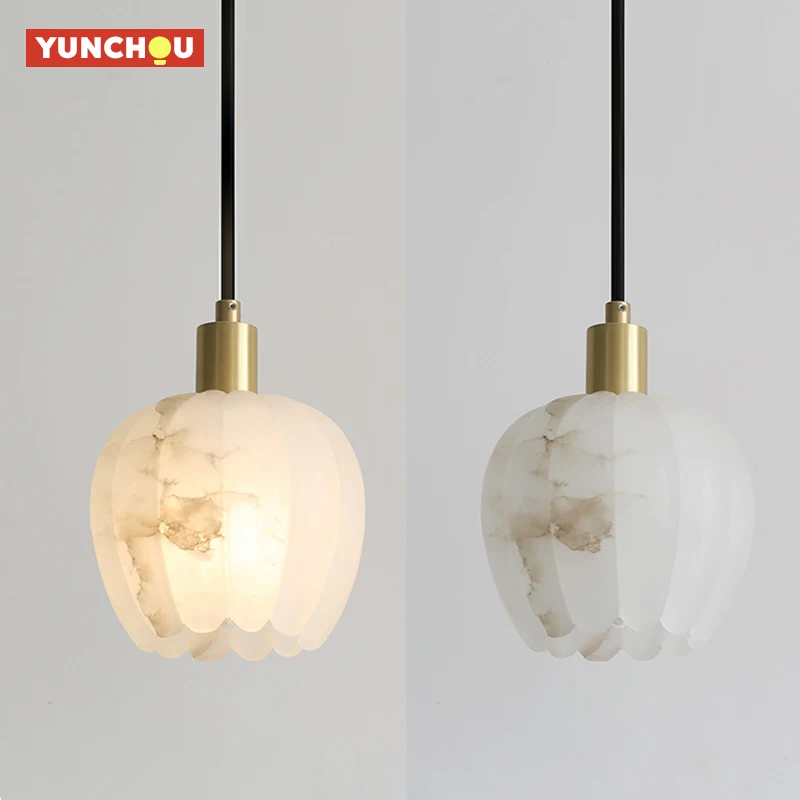 Nordic All Copper Marble Bedroom Bedside Small Pendant Light Minimalist for Restaurant Corridor Single Head Decor