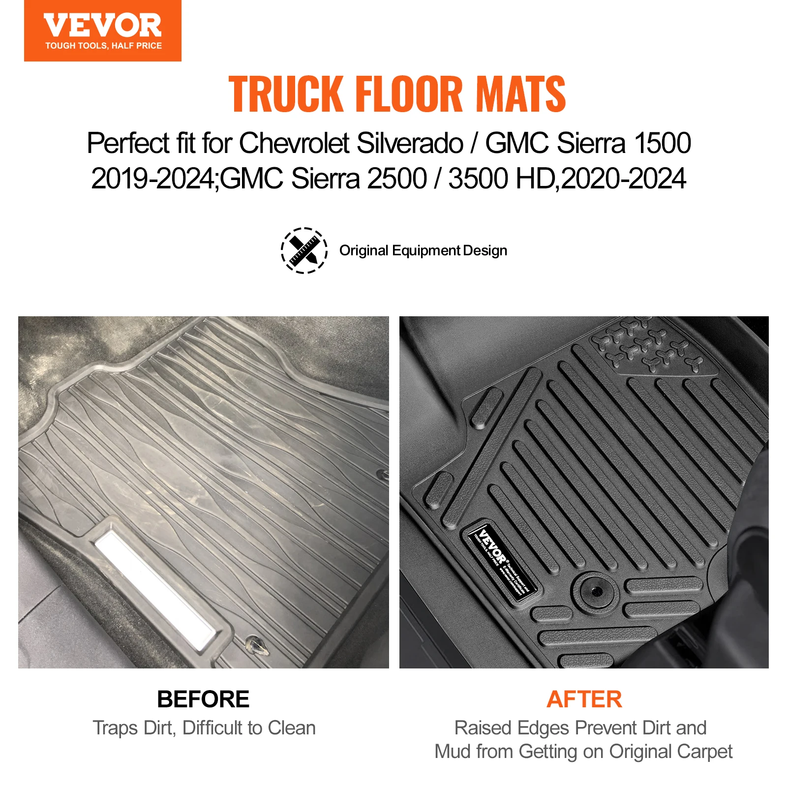 VEVOR Automotive Floor Mat Fit for Chevrolet Silverado/GMC Sierra 1500, 3 pcs Front and 2nd Row Liners Fit TPE Vehicle Floor Mat