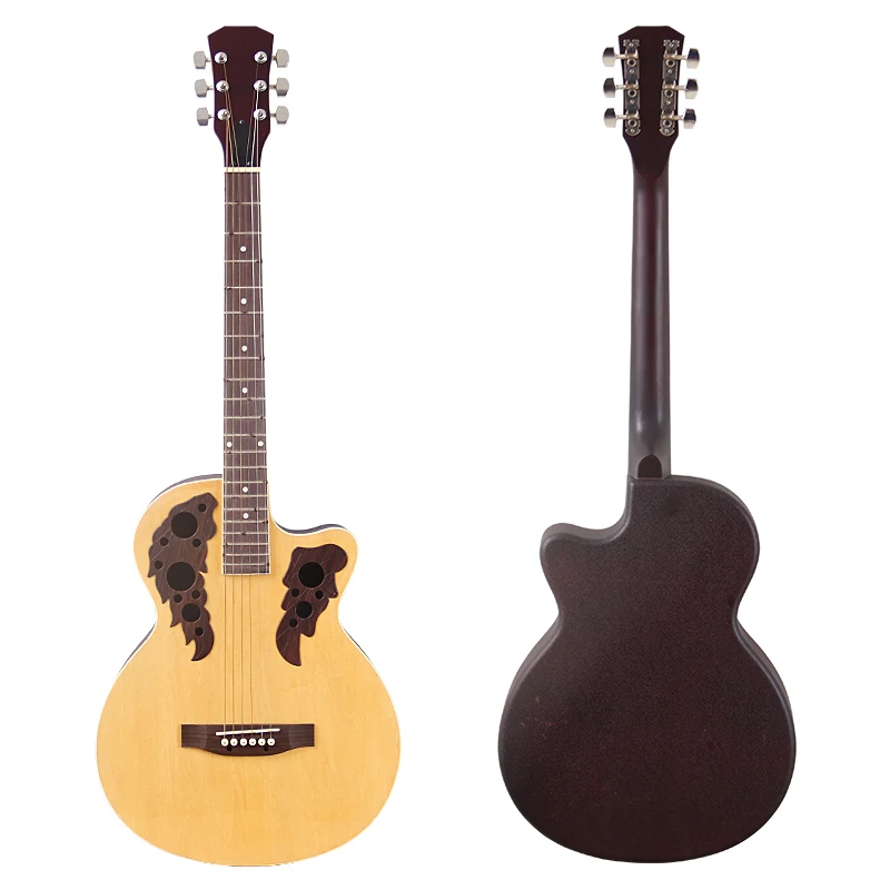 

39-дюймовая 6-струнная акустическая гитара с круглой спинкой, липа, верхняя часть выреза, дизайн в народном стиле с дефектом, натуральный и солнечный цвет