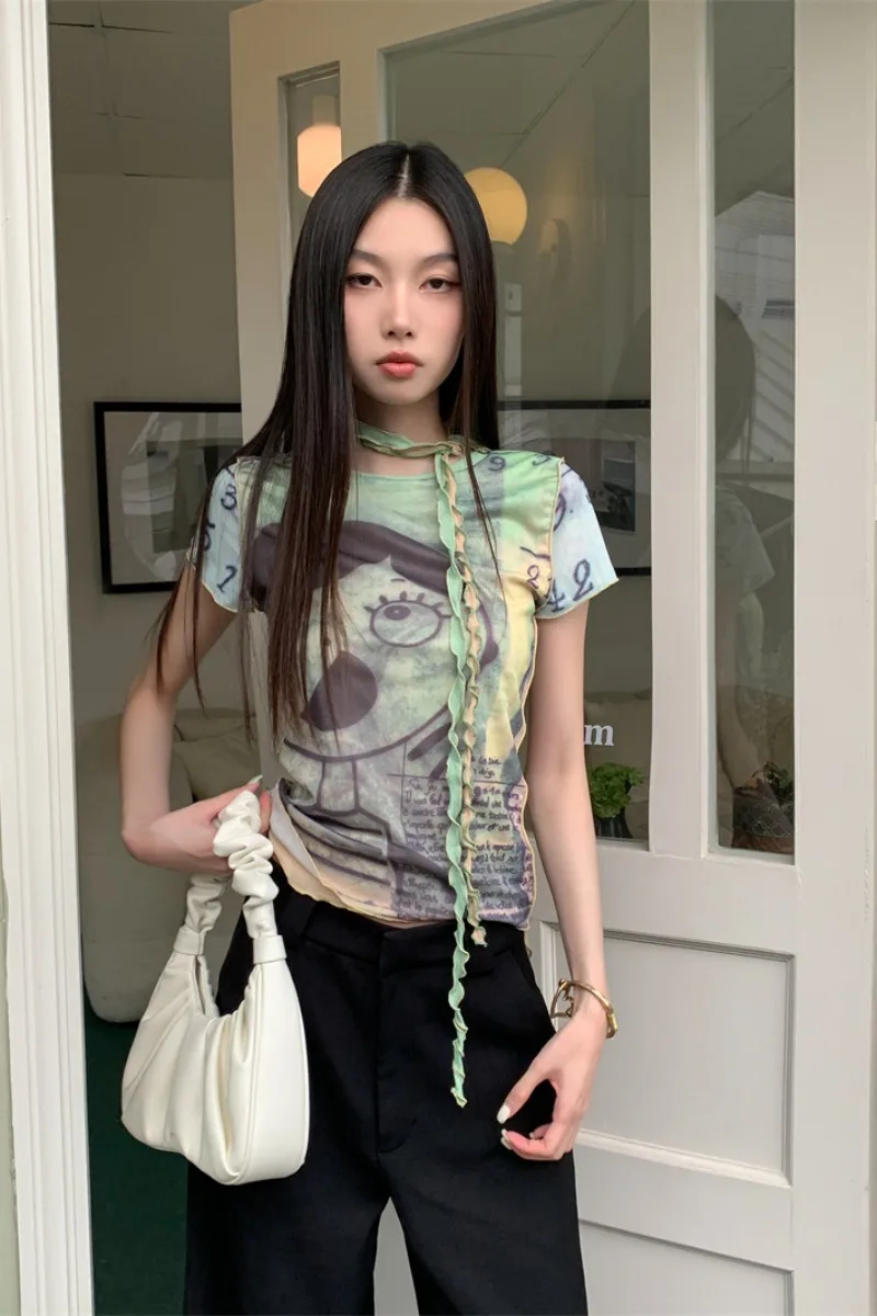 Genayooa  Japanese Print Mesh Tops Short Sleeve Skinny Crop Tops Y2k Vintage T Shirt Women Streetwear Fariycore Tshirts E Girls