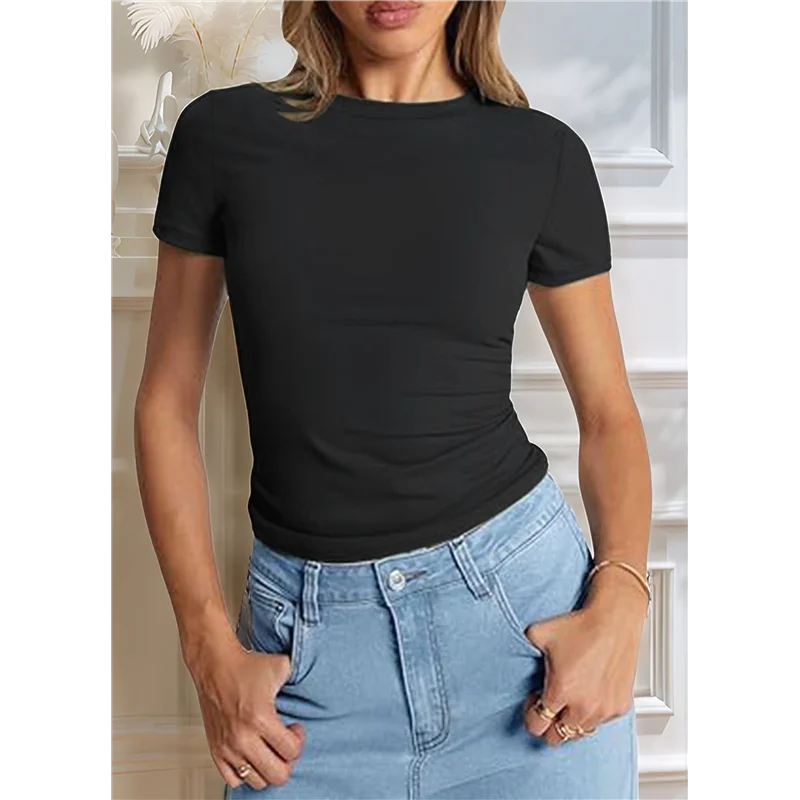 

DCOS-Womens Basic T Shirts Crop Short Sleeve Y2k Tee Cute Gym Fashion Workout Clothes