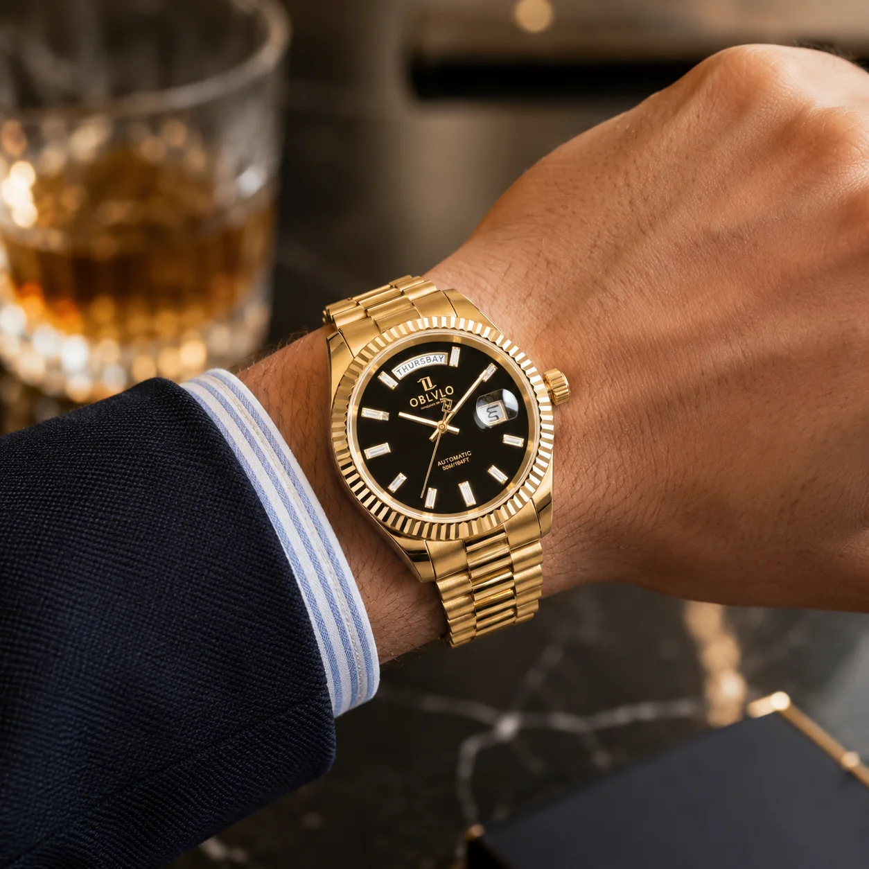 

OBLVLO Men's Yellow Gold Automatic Watch Classic Mechanical Gear Bezel with Date And Day Function Miyota 8215 RX-DD-HBT