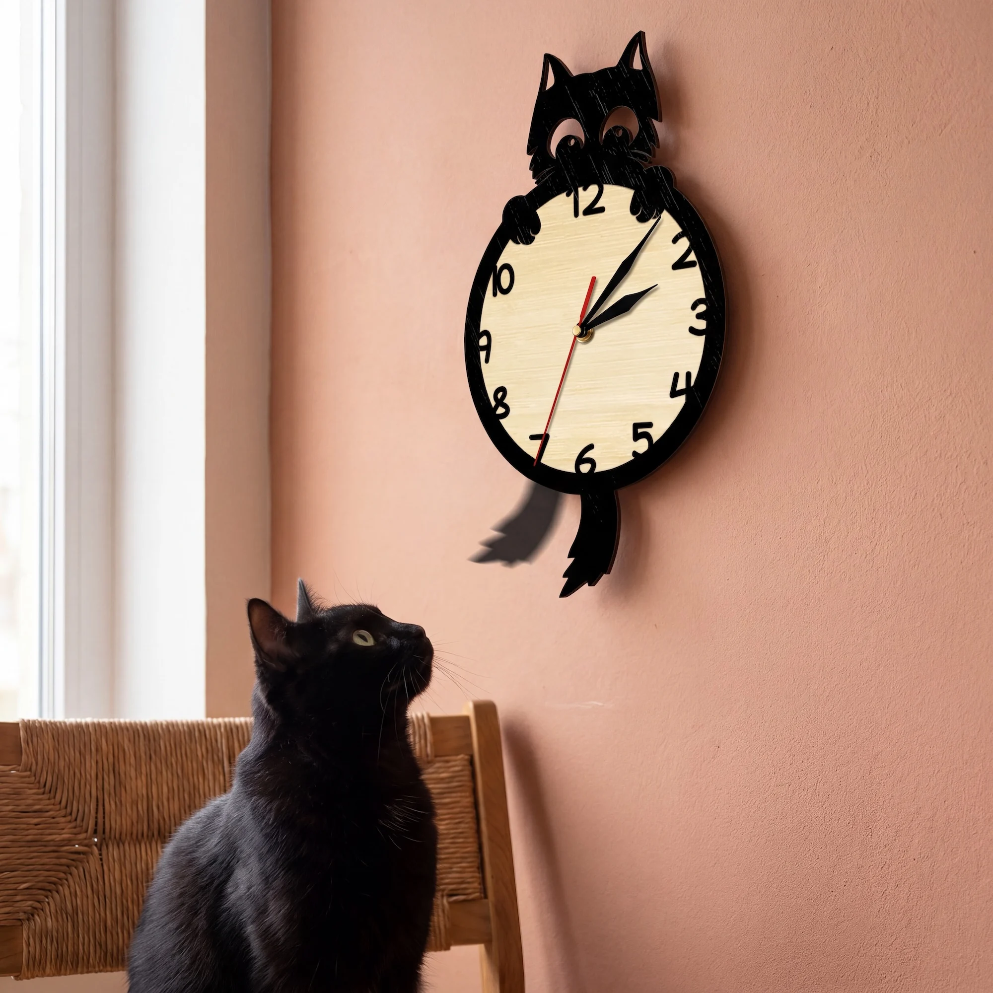 Peeking Black Cat Double Layer Wooden Wall Clock Swinging Pendulum Tail for Pet Shop Silent Quartz Wall Clock Kitten Home Decor